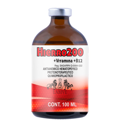 Hierro 200 Inyectable Suplemento Hemático con Hierro, B12, Cobalto y Zinc para Ganado